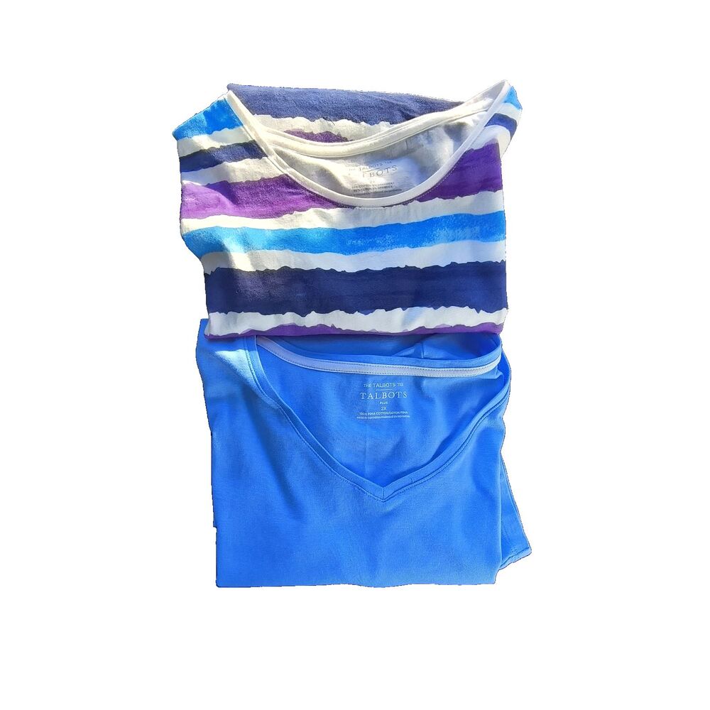 Talbots Tee Top Lot of 2 Short Sleeve 2X Blue & Tie-dye Striped Cotton/Spandex